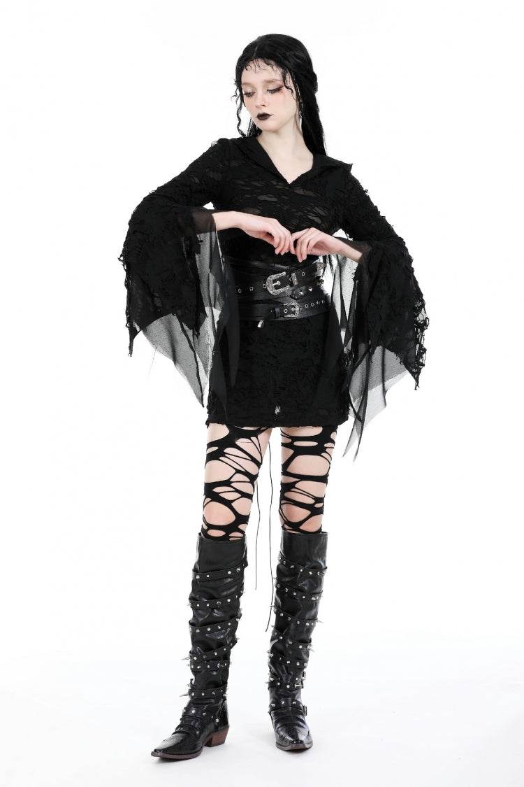 Black Evil Devil Long Flared Sleeves Ripped Women's Gothic Hooded Slim Dress - Product - 7