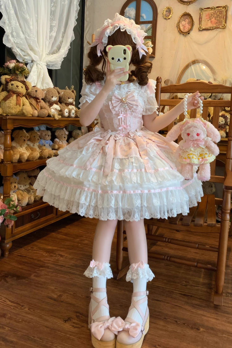 Pink [Snow Kissed Romance] Sleeveless High Waisted Multi-Layered Bowknot Lace Pearl Sweet Ballet Lolita Jsk Dress - Product - 6