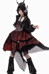 Red [Strawberries of Blood and Tears] Sleeveless Print Ruffle Bowknot Lace Asymmetric Gothic Lolita Jsk Dress - Product - 7