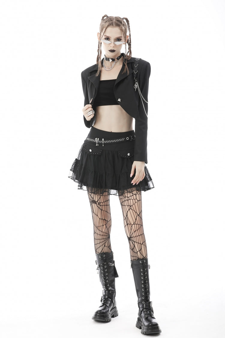 Black Lapel Collar Long Sleeves Chain-Decorated Women's Punk Irregular Short Jacket - Product - 11