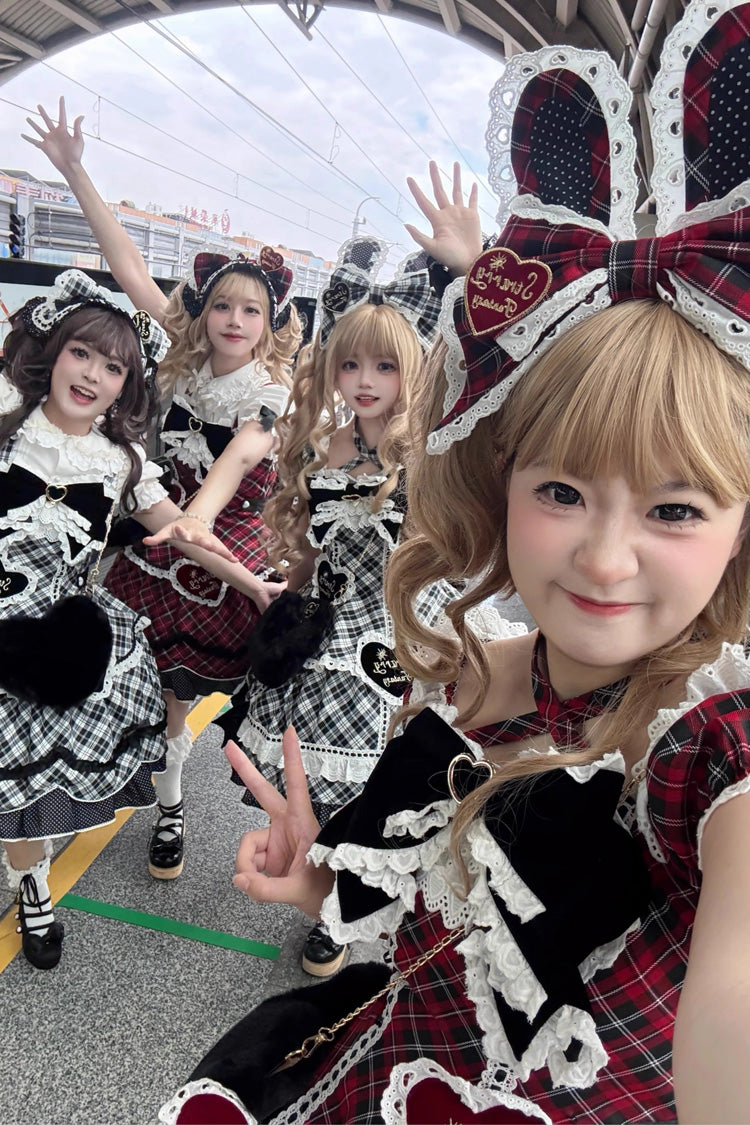 Red [Shibuya Sweetheart] Short Sleeves Plaid Print Ruffle Bowknot Sweet Lolita OP Dress (Plus Size Support) - Product - 8