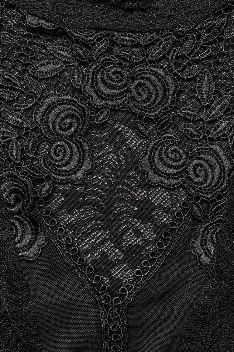 Black Rose Stand Collar Long Sleeves Print Lace Lace-Up Sheer Womens Gothic Blouse - Product - 6