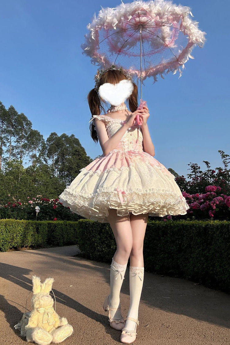 Pink [Leiffu] Sleeveless Ruffle Bowknot Lace Lace-Up Sweet Ballet Lolita Jsk Dress - Product - 5
