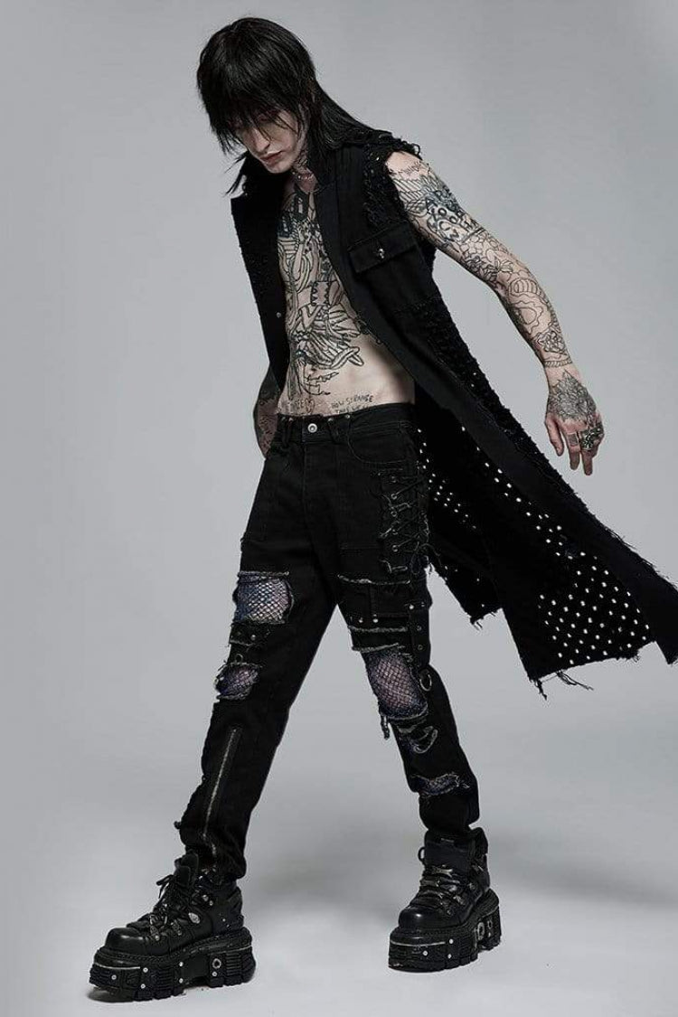 Black V Collar Sleeveless Ripped Mens Steampunk Long Vest - Product - 3