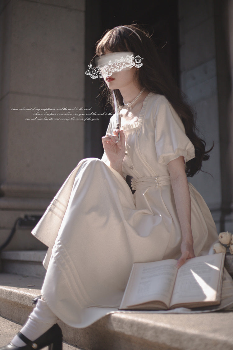 Apricot [Random Thoughts] Square Collar Short Sleeves Ruffle Classic Vintage Elegant Lolita Dress - Product - 11