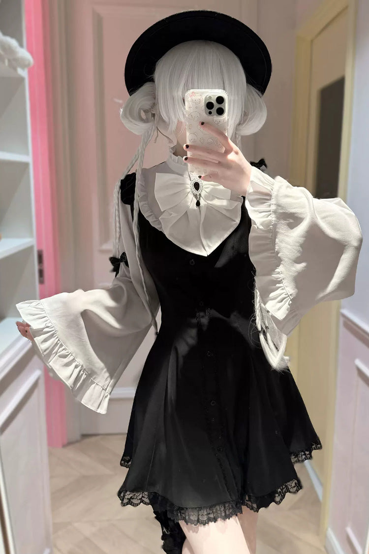 Jirai Kei Stand Collar Long Trumpet Sleeves Ruffled Bow Lace Japanese Dress 4 Colors - Black/White - 7