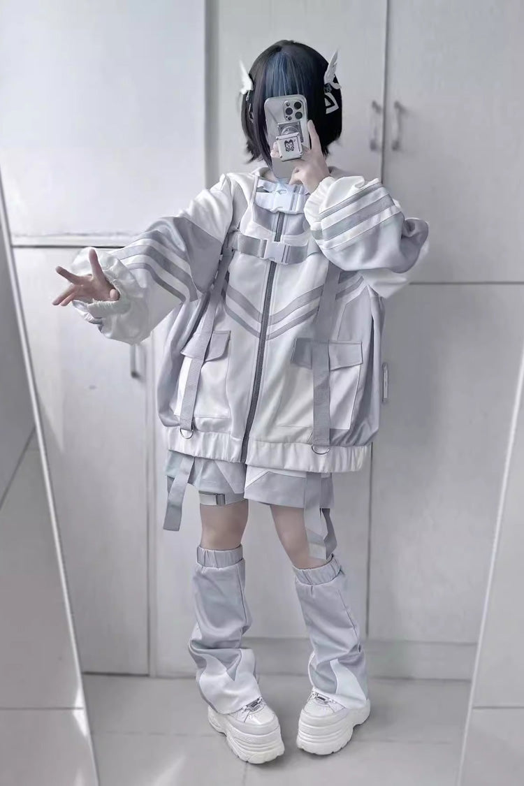 White/Grey Cyberpunk Functional Style Long Sleeves Hooded Jirai Kei Coat - Product - 4