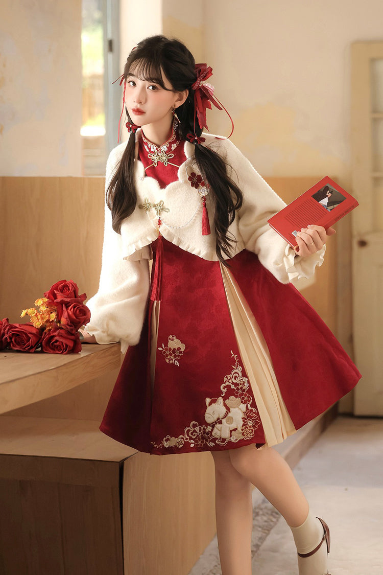 Red/White Stand Collar Long Sleeves High Waisted Embroidery Women's Sweet Chinese Style Hanfu Dress Two-piece Set - Product - 3