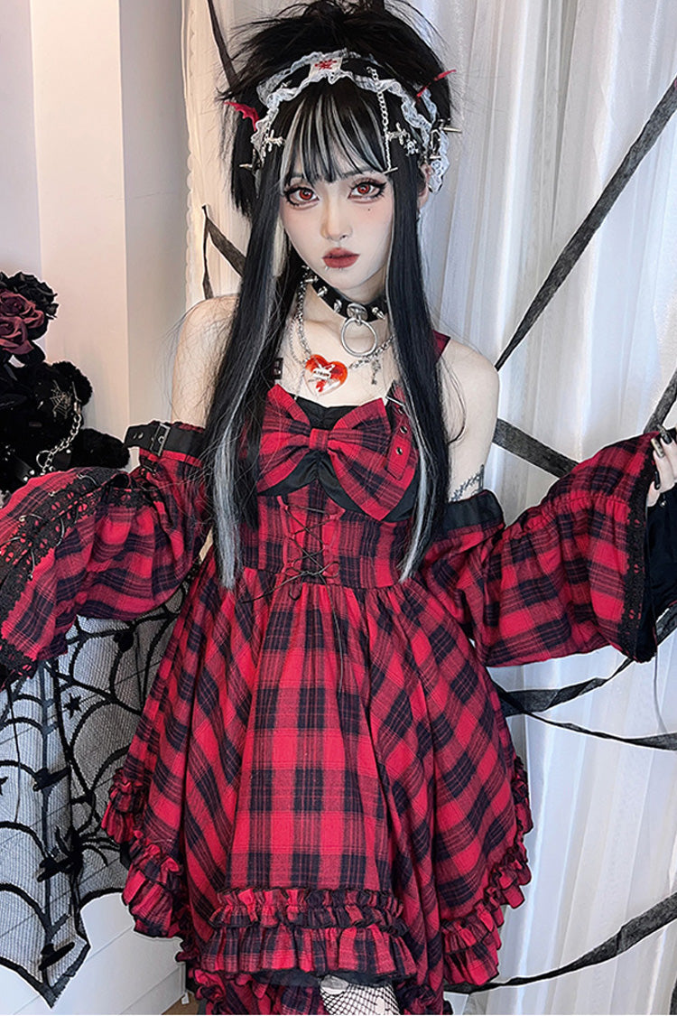 Red Scarlet Abby Style Irregular Plaid Printing Gothic Lolita JSK Dress - Product - 2
