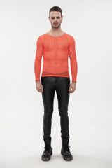 Orange Elasticity High Neck Long Sleeve Mesh Men's Gothic T-Shirt - Product - 3