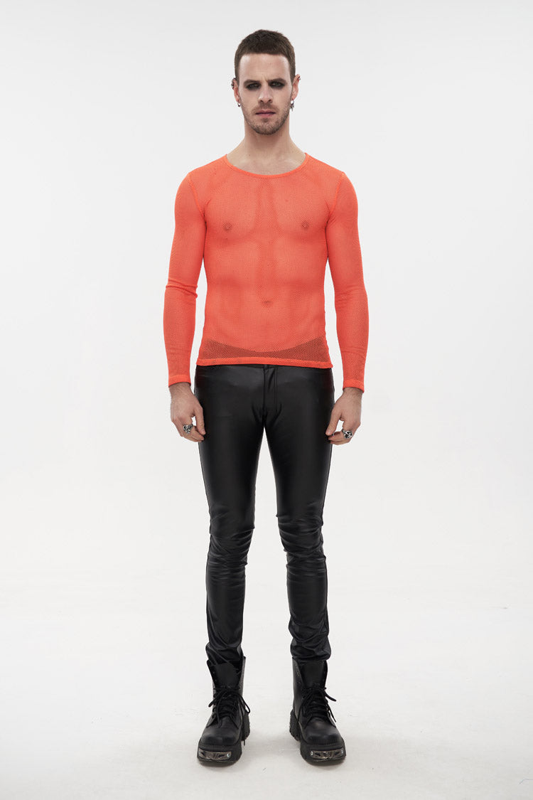 Orange Elasticity High Neck Long Sleeve Mesh Men's Gothic T-Shirt - Product - 3