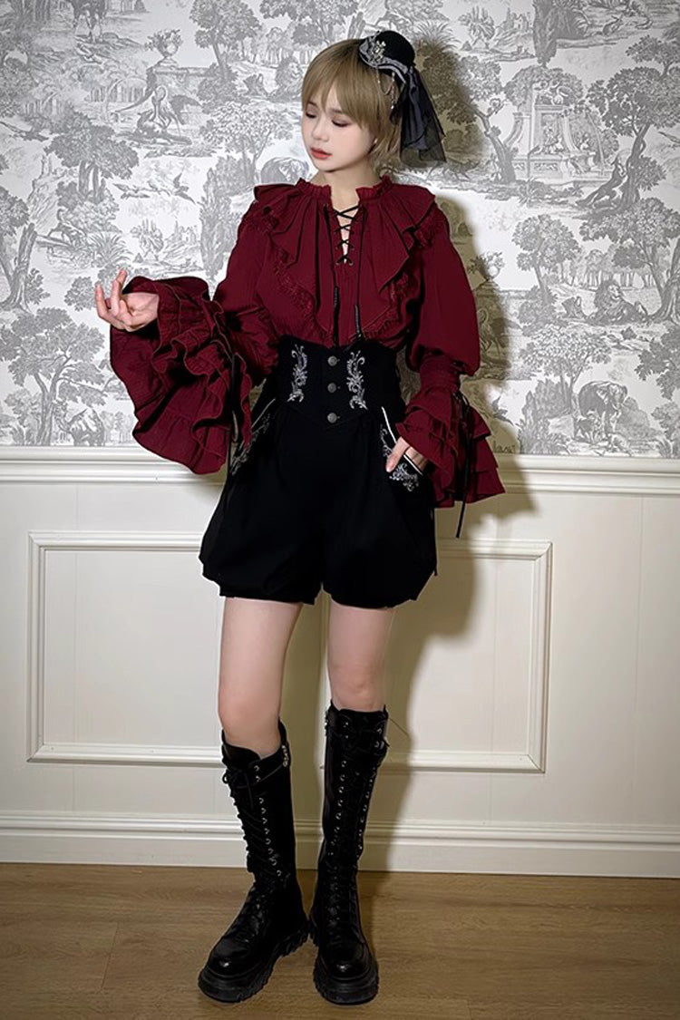 Wine Red Pirate Series Navigation Treasure Hunting Guide V Collar Long Hime Sleeves Ouji Lolita Blouse - Product - 2