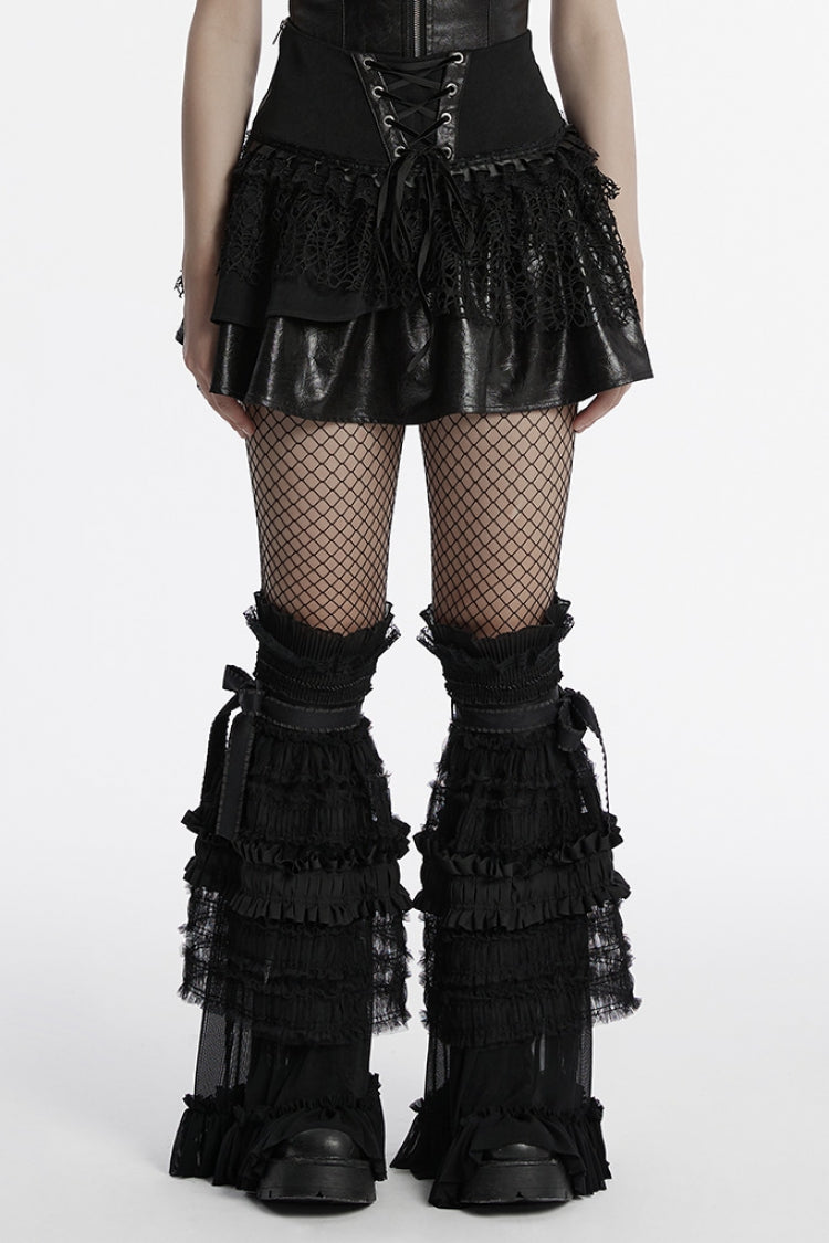 Black Multi-Layered Stitching Lace-Up Mesh Women's Punk Skirt - Black - 1