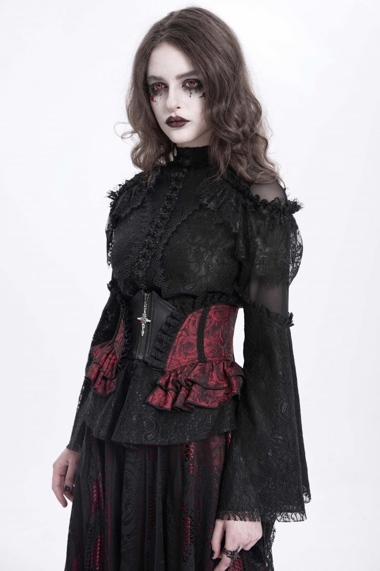 Black/Red Printed Spliced Lace Lace-Up Slim Zippered Women's Gothic Palace Corset - Product - 10