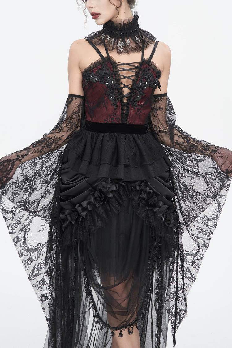 Red Embroidery Stitching Lace Lace-Up Women's Gothic Blouse - Red - 1