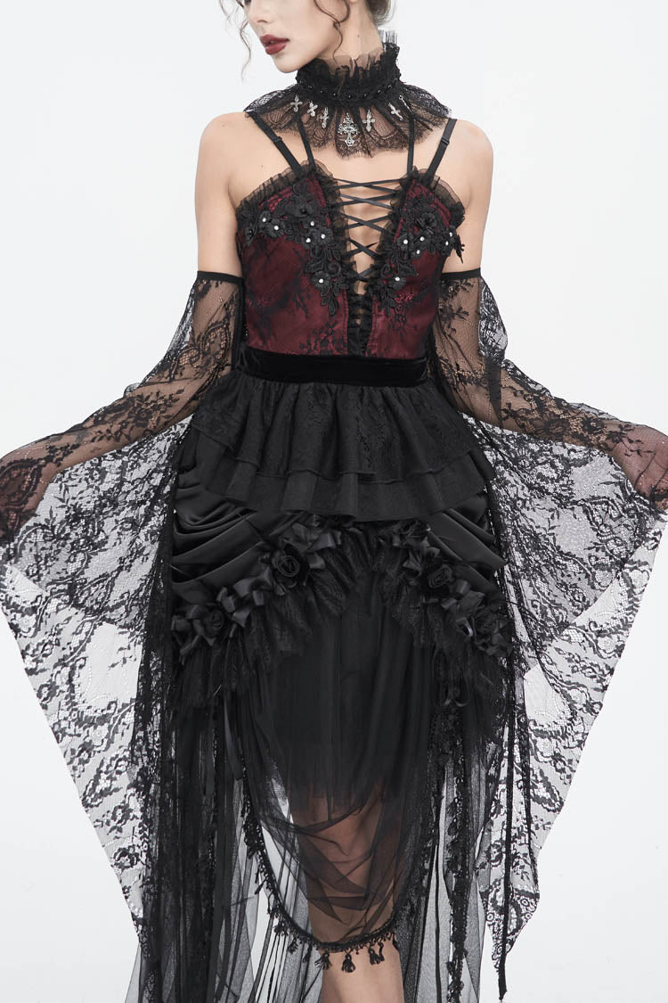 Red Embroidery Stitching Lace Lace-Up Women's Gothic Blouse - Red - 1