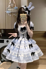 Triple-Layered Short Sleeves Vertical Stripes Print Ruffle Bowknot Lace-Up Sweet Lolita Jsk Dress 2 Colors - Product - 8