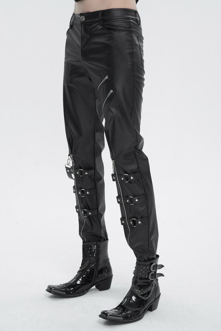 Black Removable Right Side Zipper Faux Leather Men's Punk Pants - Product - 2