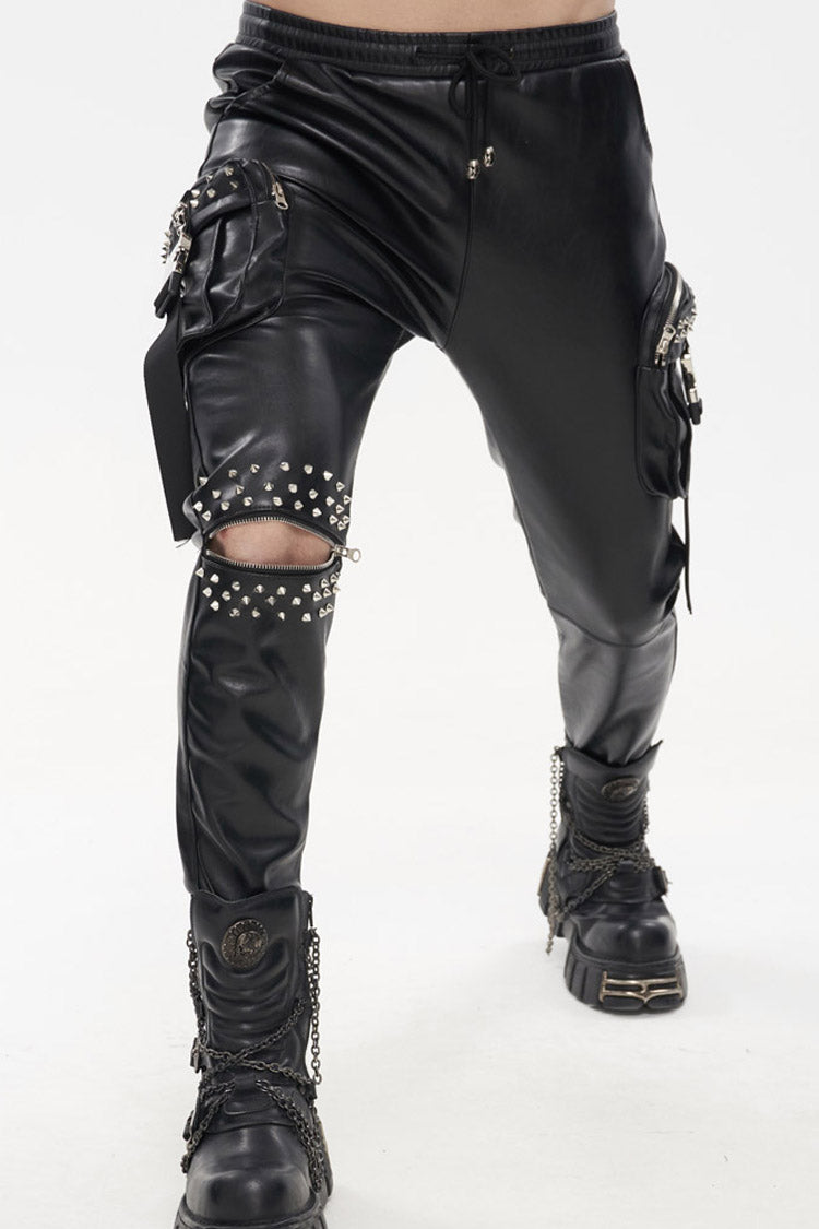 Black Punk Leather Metal Rivets Zipper Stereoscopic Side Pockets Men's Pants - Product - 6