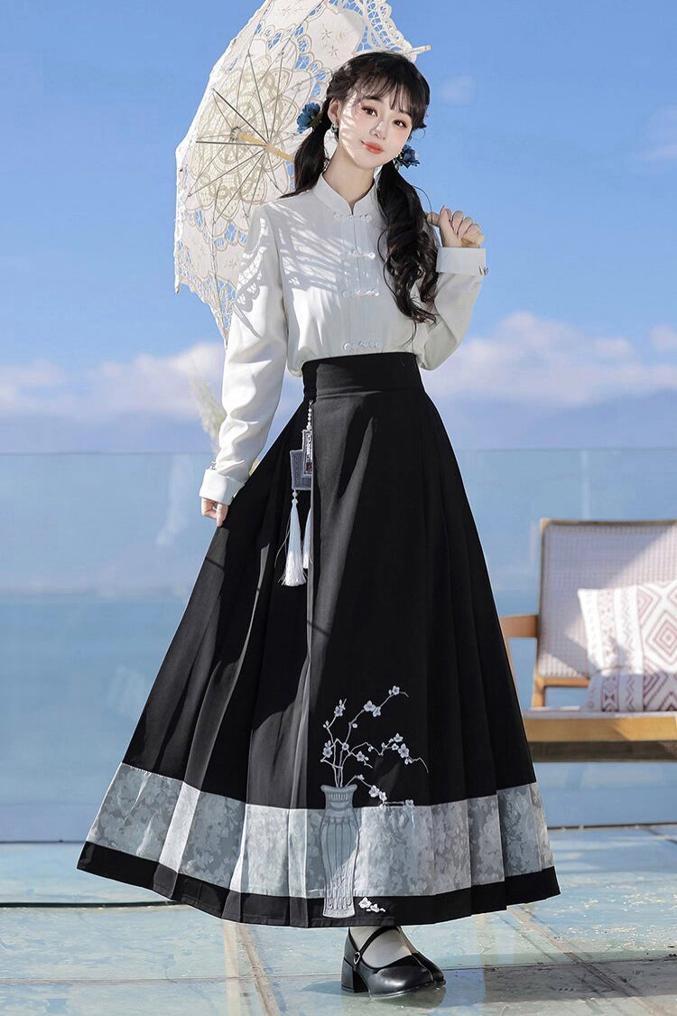 Black/Blue Round Collar Long Sleeves Print Slim Women's Classic Hanfu Dress Three-piece Set - Product - 4
