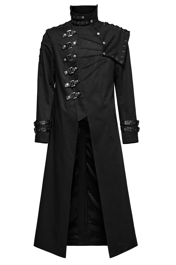 Black Stand Collar Slim Detachable Shoulder Pad Men's Gothic Coat - Product - 6