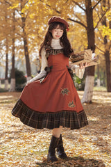 [Autumn Chronicles] Sleeveless Printed Ruffled Embroidered Spliced Slim Sweet Lolita Jsk Dress - Red - 1
