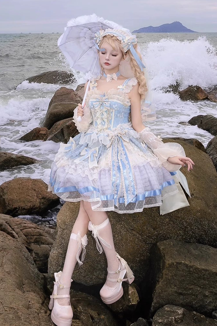 Blue [Moonstone] Sleeveless Ruffle Embroidery Bowknot Lace Fishbone Sweet Princess Lolita Dress - Product - 18