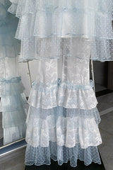Blue [Sea Salt Soda] Navy Collar Long Sleeves Multi-Layered Ruffled Lace Sheer Jirai Kei Dress - Product - 6