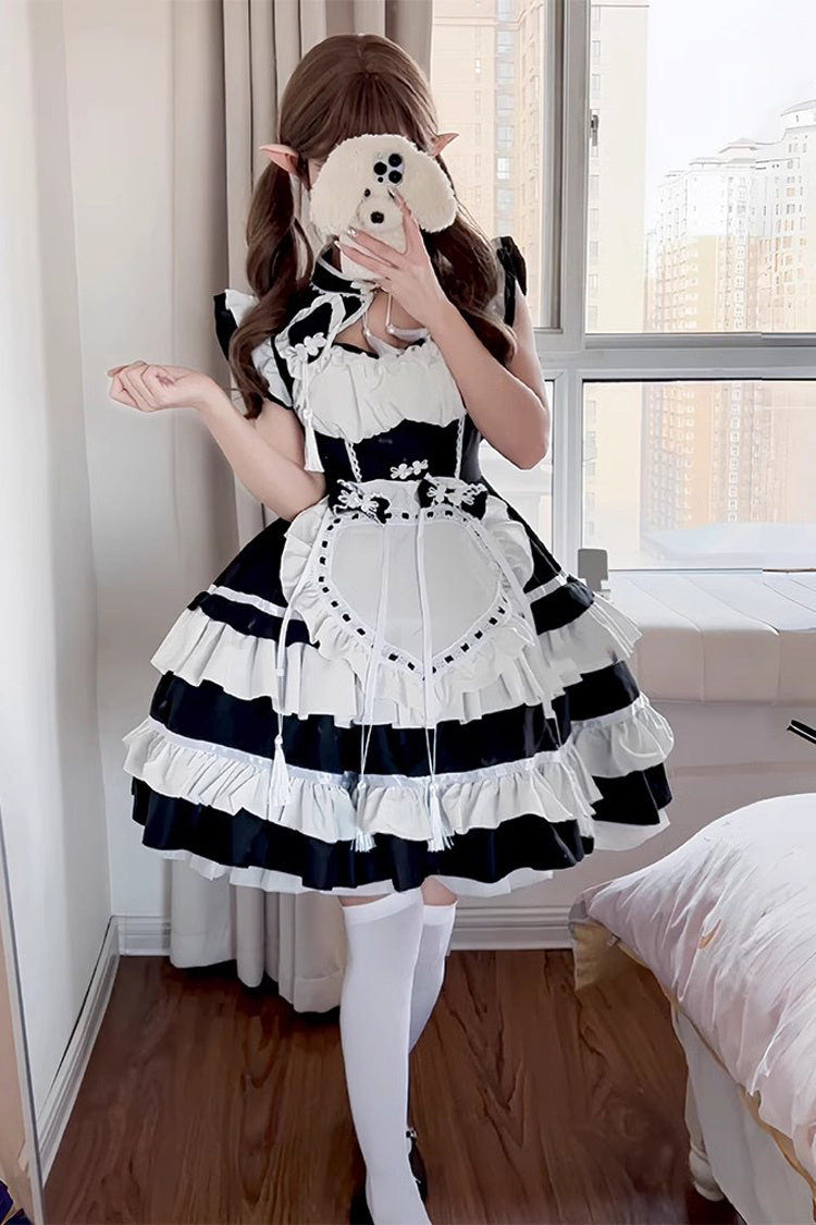 Black/White Love Double-Layered Ruffle Bowknot Sweet Plus Size Chinese Style Lolita Dress Full Set - Product - 2