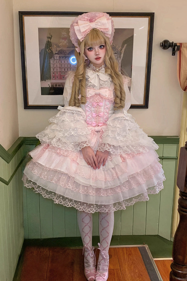 Pink/White [Love Overture] Multi-Layered Ruffle Bowknot Lace Sweet Lolita Jsk Dress - Product - 2