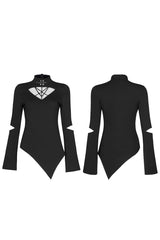 Black Gothic Stretch Knitted Fabric Spliced Geometric Mesh Design Women's Long Sleeve T-Shirt - Product - 5