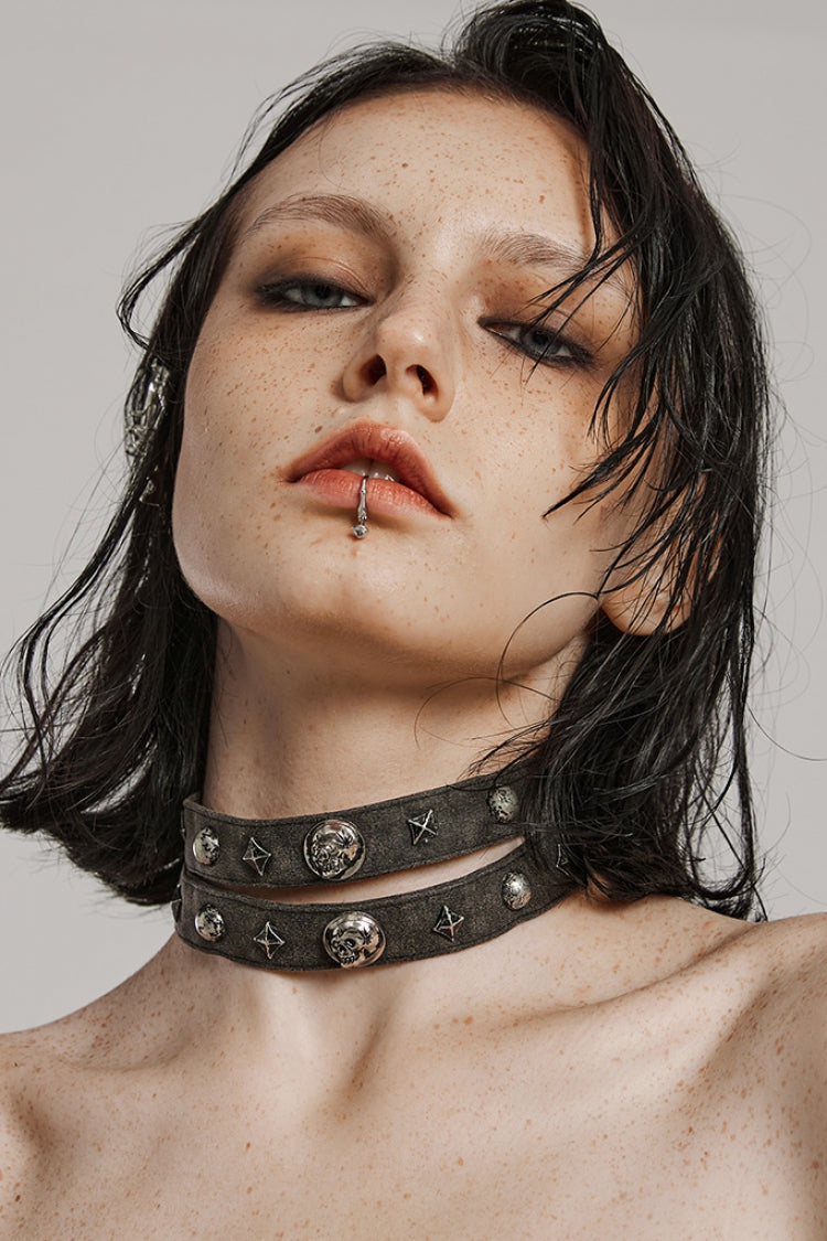 Skull Print Rivets Decoration Women's Steampunk Military Choker 2 Colors - Product - 2