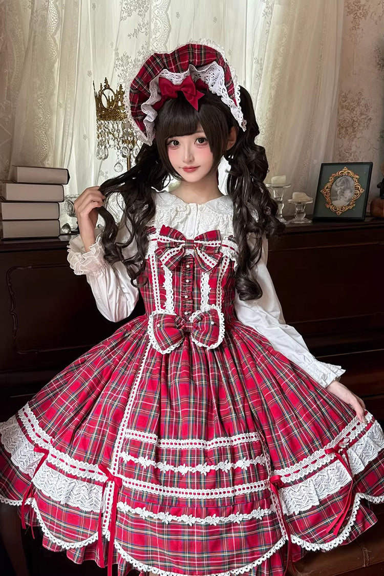 Red [Gingham Petal Bunny] Printed Ruffled Bow Sweet Lolita Jsk Dress - Product - 5