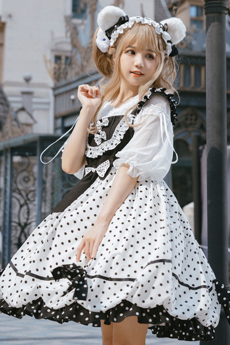 White/Black Polka Dot Print Bowknot Princess Sweet Lolita Suspender Dress - Product - 3