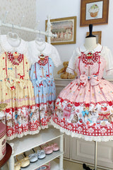 [Strawberry Cake Kitty] Sleeveless Printed Bow Lace Sweet Lolita Strap Dress 3 Colors - Product - 16