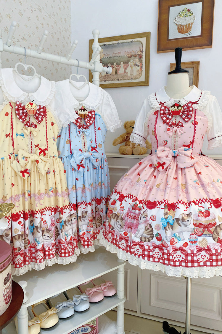 [Strawberry Cake Kitty] Sleeveless Printed Bow Lace Sweet Lolita Strap Dress 3 Colors - Product - 16