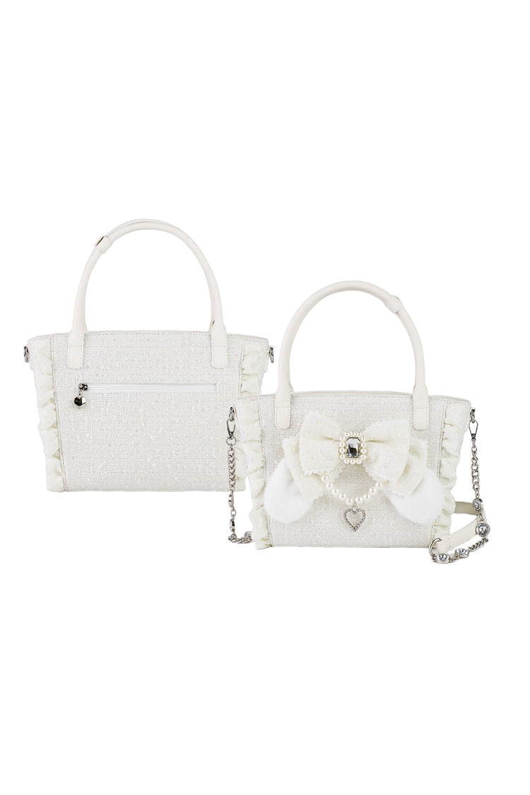 Sweet Ruffle Bowknot Zipper Pearl Chain Japanese Lolita Handbag 4 Colors - White - 7