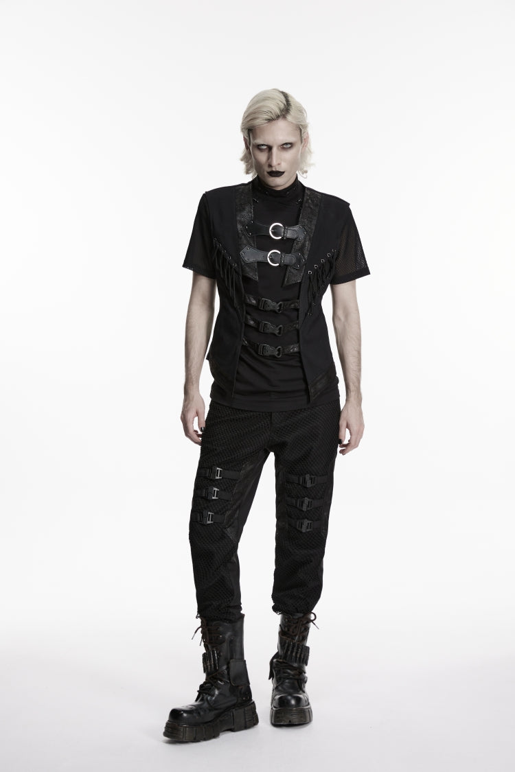 Black Cut-Out Lace-Up Slim Mesh Buckled Eyelet Men's Punk Handsome Vest - Product - 6