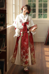 Red/White Lapel Collar Long Sleeves High Waisted Jacquard Print Embroidery Pleated Women's Chinese Style Gorgeous Hanfu Dress Set - Product - 3
