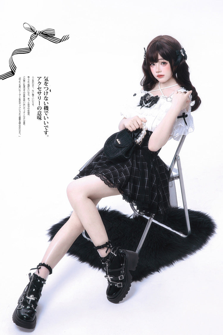 Black/White [Sixteenth Night] Off Shoulder Short Sleeves Plaid Printed Bow Classic Japanese Jirai Kei Skirt Set - Product - 2