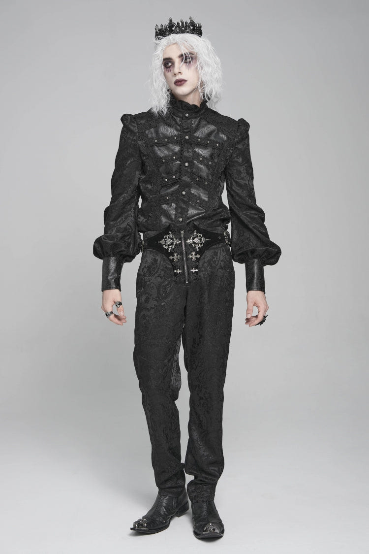 Black Stand Collar Long Lantern Sleeves Floral Print Embroidery Men's Gothic Blouse - Product - 8