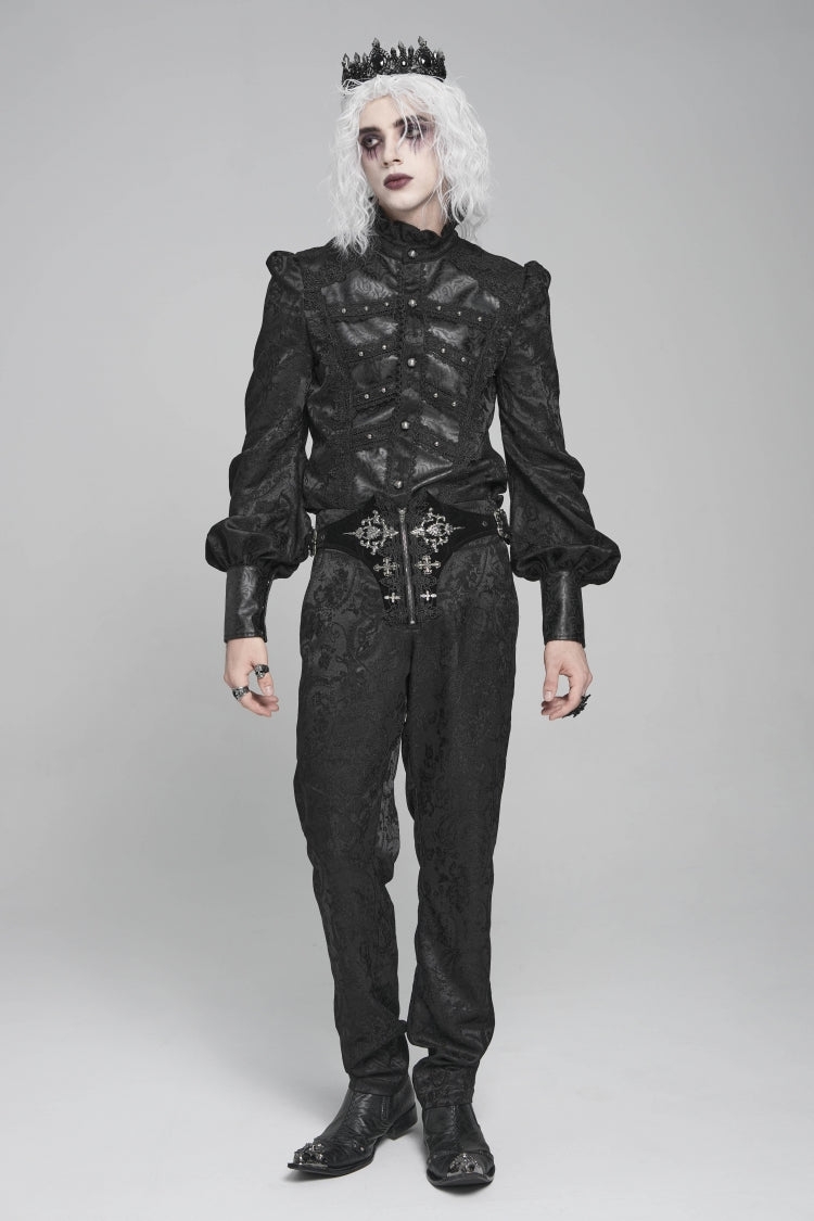 Black Stand Collar Long Lantern Sleeves Floral Print Embroidery Men's Gothic Blouse - Product - 8