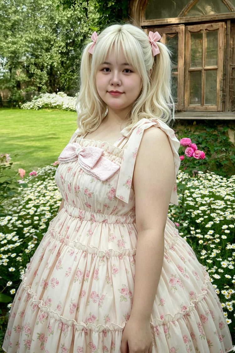 Pink [Rose Maiden] Square Collar Sleeveless Rose Printed Ruffled Bow Lace Plus Size Sweet Lolita Dress - Product - 6
