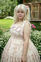 Pink [Rose Maiden] Square Collar Sleeveless Rose Printed Ruffled Bow Lace Plus Size Sweet Lolita Dress - Product - 6