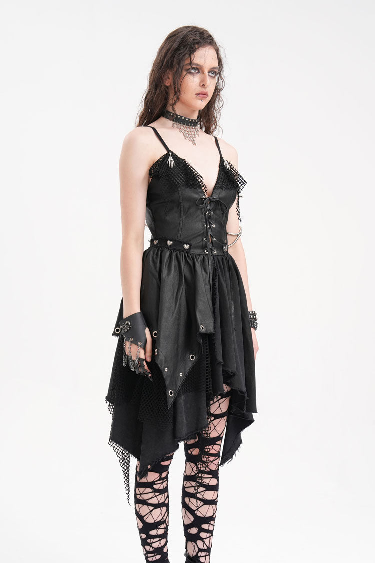 Black Sleeveless Lace Irregular Mesh Women's Gothic Slip Dress - Product - 6