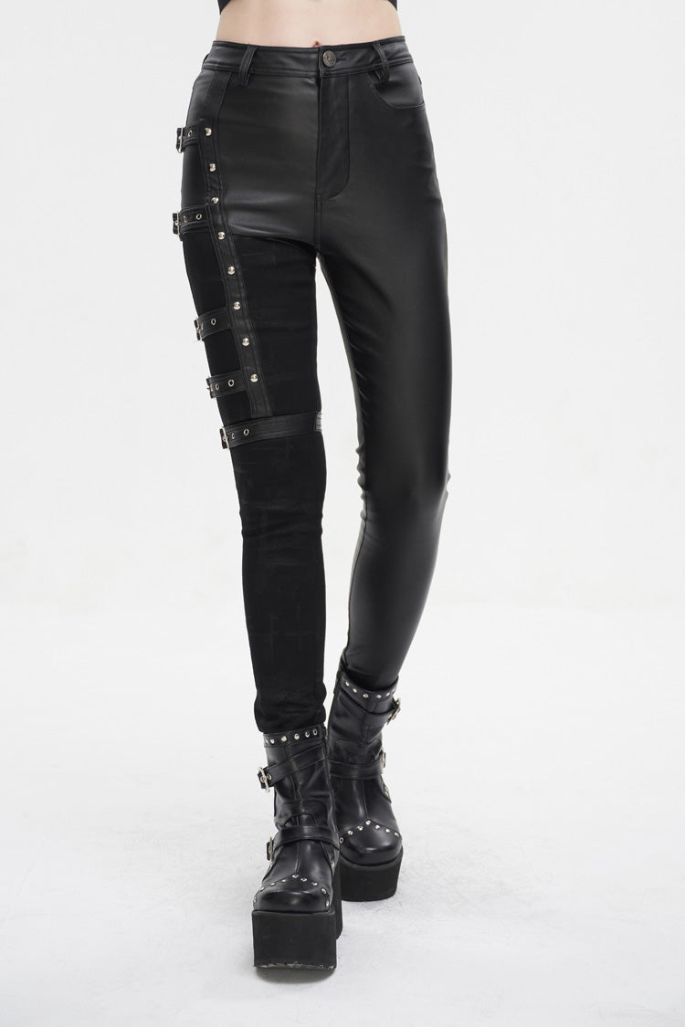 Black Tight Leather Multi Buckle Splice Women's Punk Pants - Product - 2