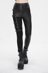 Black Tight Leather Multi Buckle Splice Women's Punk Pants - Product - 2