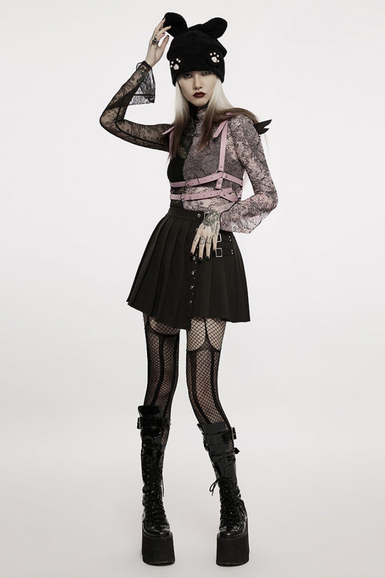 Pink/Black Gothic Lace Stitching Simple Sexy Style Thin See Through Horn Long Sleeved Women's T-Shirt - Product - 4