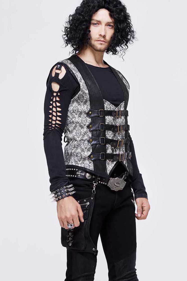 Silver Back Lace Up Jacquard Splice Chest Loop Men's Punk Waistcoat - Product - 4