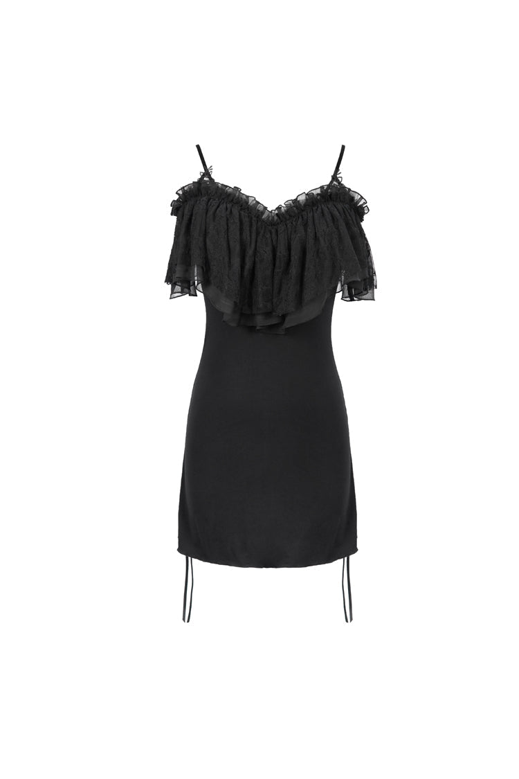 Black Lace Up Off Shoulder Chest Frilly Side Women's Punk T-Shirt - Product - 6